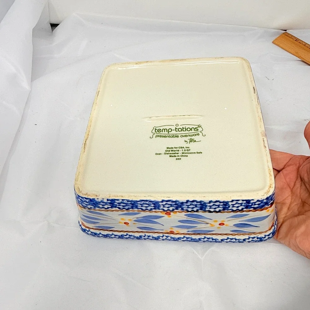 Temp-tations Old World 1.5 QT Square Baker Blue Floral Ceramic Ovenware by Tara